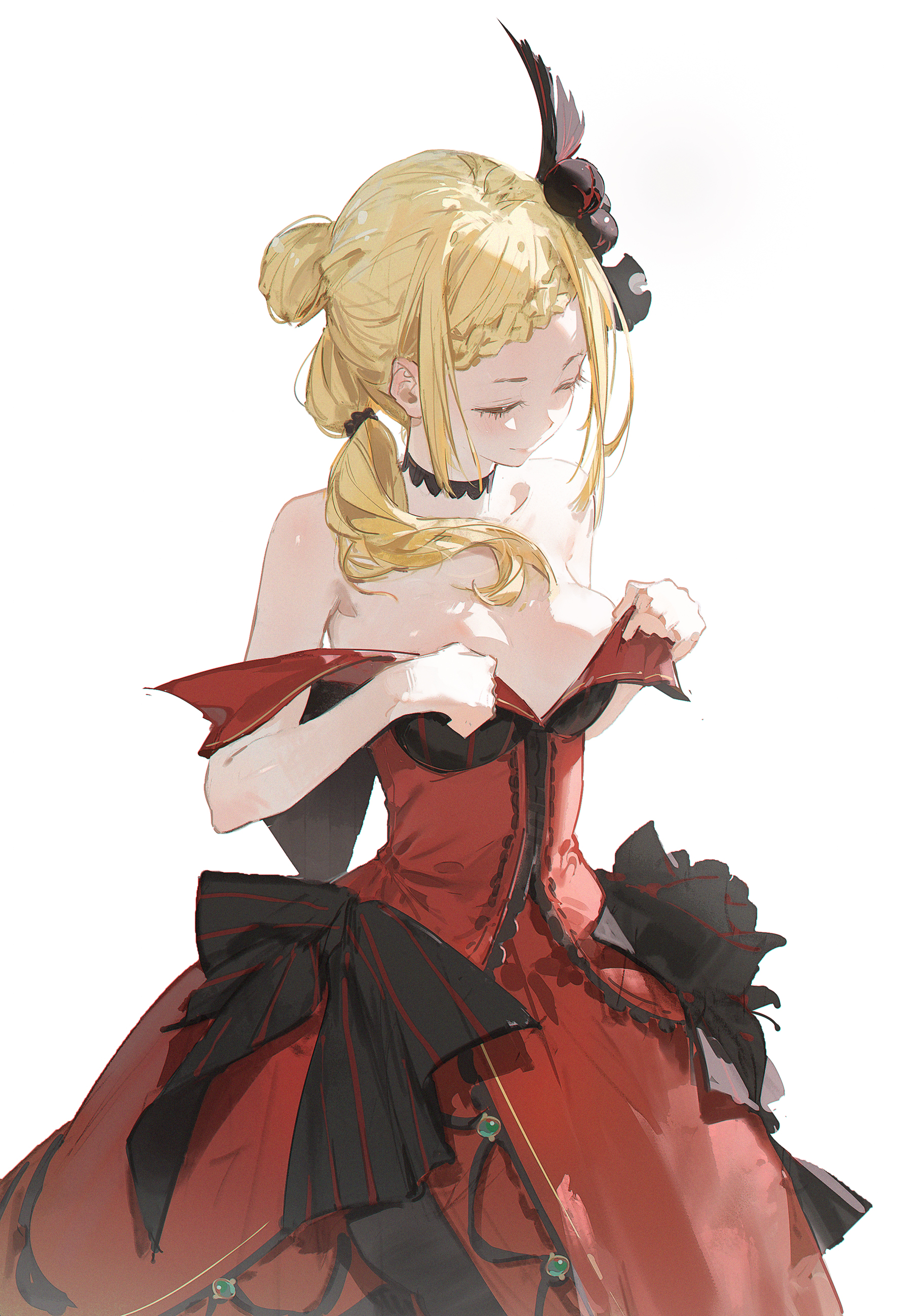 the image shows an anime girl with blonde hair wearing a red offshoulder dress with black accents. she has a black choker around her neck and a black feather hair accessory. she is looking down.