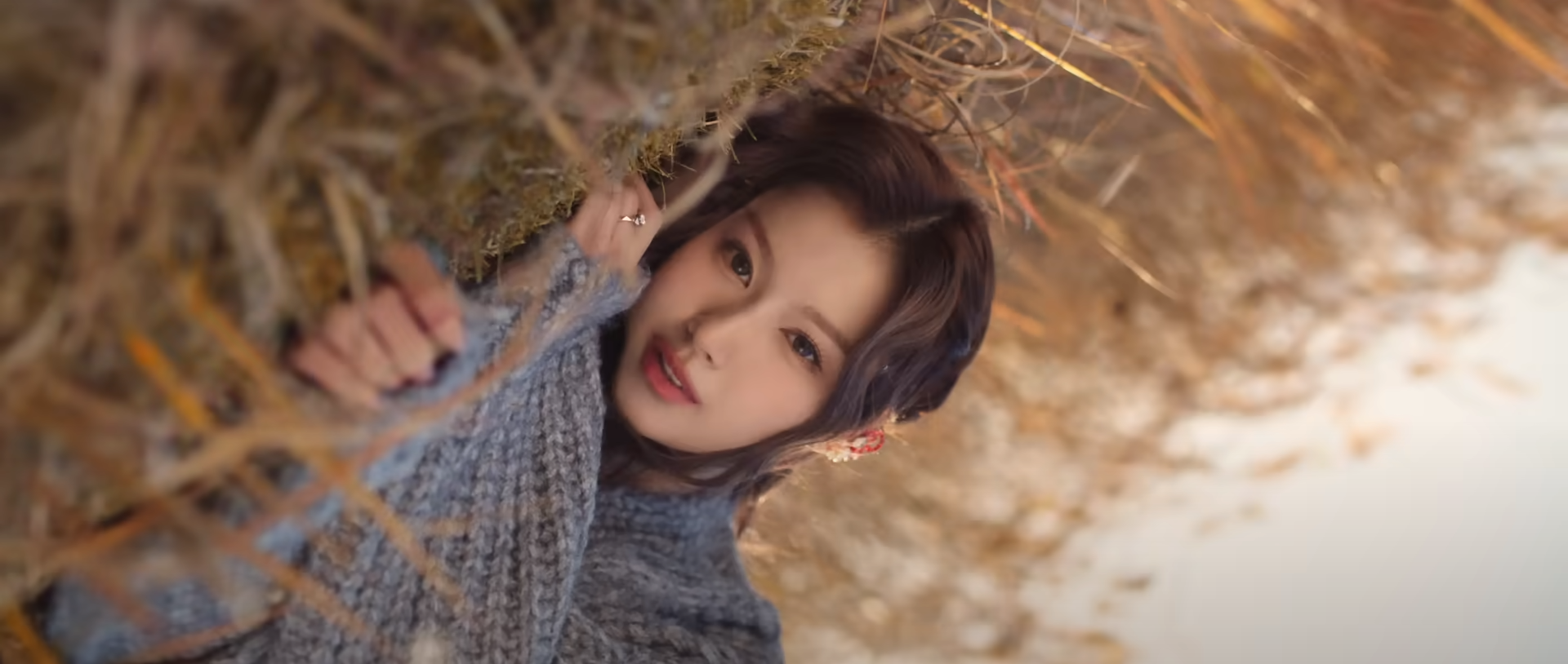 a young woman with long brown hair wearing a grey sweater peeks out from behind tall, dry grass. the photo is taken from a low angle, creating a sense of intimacy and warmth. the lighting is soft and natural, with a warm golden hue. the overall mood of the image is cozy, romantic, and evocative of autumn or winter.