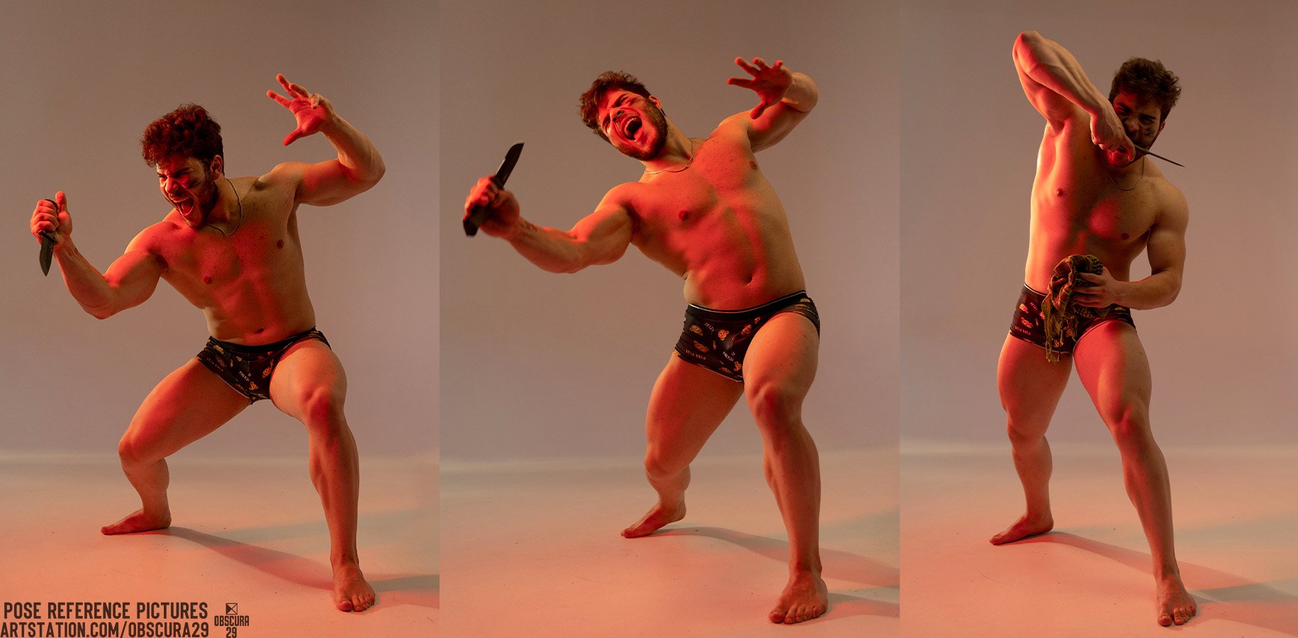a muscular man in black underwear is posing with a knife in a studio setting. he has a red light on him. he is screaming and looking intense. the image is a pose reference for artists and illustrators.