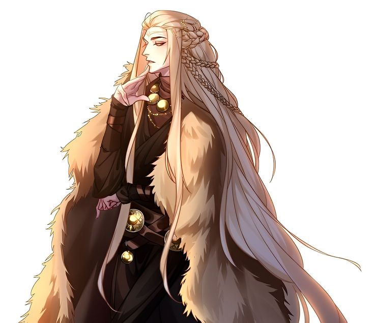 the image is a digital illustration of a male anime/manga character. he is depicted from the chest up, in profile view, with long blond hair styled in braids. he wears a dark, possibly black, outfit under a large, fluffy, light brown fur cloak. golden jewelry, including a necklace and belt buckles, is visible.  his expression is thoughtful or pensive, and his pose is elegant and somewhat regal. the art style is stylized and smooth, with a focus on detail in the hair and fur. the background is plain white, making the character the focal point of the image. the overall aesthetic leans towards fantasy or a regal setting.