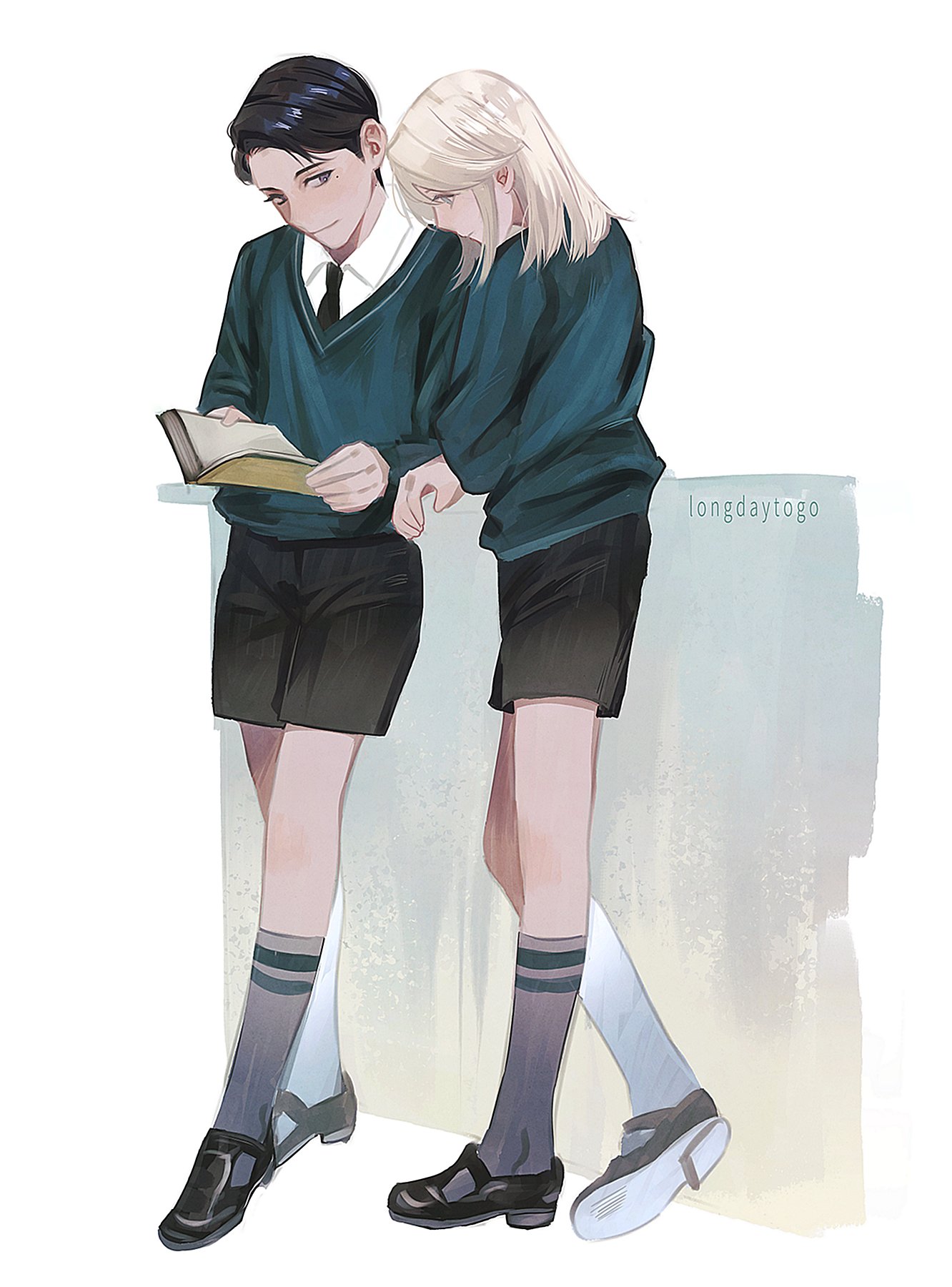 the image is a digital painting of two animestyle boys, one with dark hair and one with blonde hair, who are close together and leaning against a wall while reading a book. they are both wearing school uniforms consisting of teal sweaters, black shorts, and striped socks with dark shoes. the style is soft and romantic, with a focus on the closeness of the two boys. the background is a soft, muted palette.