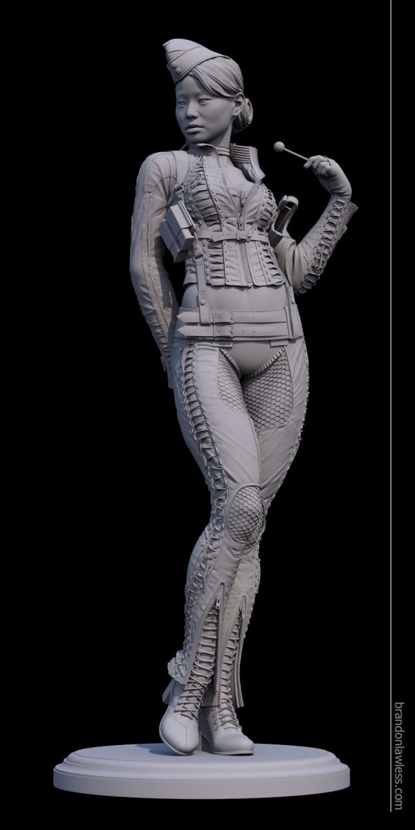 a 3d model of a woman in a stylized military outfit is posed on a circular base. rendered in grayscale, the model showcases detailed clothing, including a corset, laced leggings, and boots. she holds a small, batonlike object in her right hand. the background is black, highlighting the figure and the play of light and shadow on her form.
