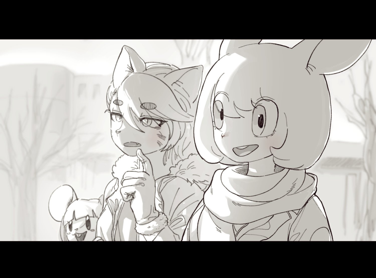 this is a black and white illustration of two anime girls in winter clothes. the girl on the left has cat ears and is wearing a coat with fur trim. the girl on the right has rabbit ears and is wearing a scarf. they are both looking forward.