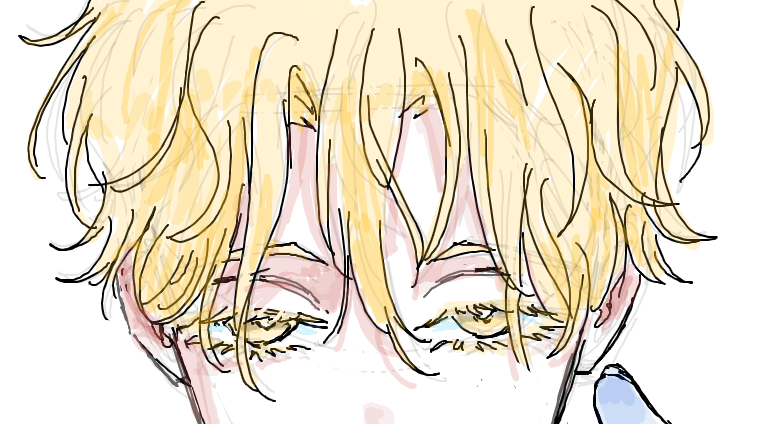 a closeup sketch of an animestyle boy with messy blond hair.  the drawing is simple and slightly messy, focusing on the character's eyes and hair. the style is reminiscent of digital sketches or quick drawings.  the color palette is light and uses mainly yellows and pale skin tones.  the expression is somewhat neutral or perhaps slightly tired.