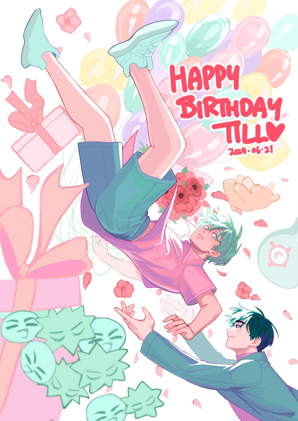 this is an anime illustration of two boys celebrating a birthday. the background is decorated with pastelcolored balloons, flowers, and gifts. one boy is wearing a pink shirt and green shorts, while the other is wearing a blue jacket. they are both smiling and holding hands. the text on the image says "happy birthday till" and "20140621." the overall mood of the image is happy and romantic.