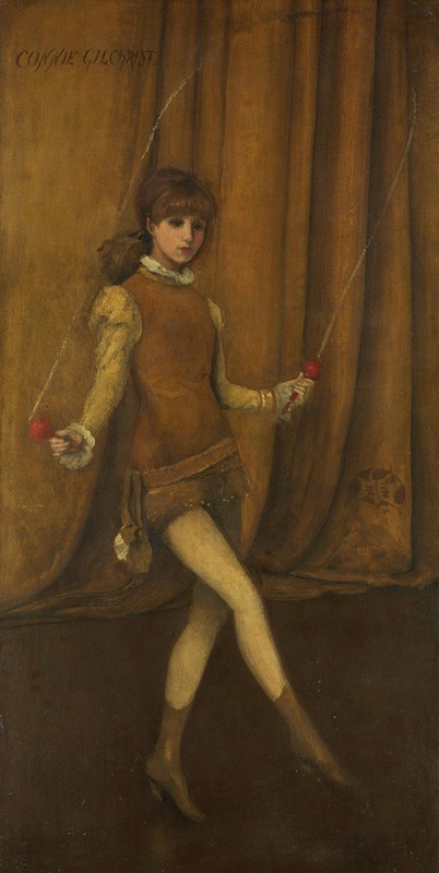 a fulllength portrait painting of connie gilchrist, a young woman in medievalstyle dress holding a skipping rope, against a draped brown background. she has brown hair and fair skin, wearing a brown tunic over a yellow shirt with ruffled cuffs and collar. she holds the skipping rope with red balls at each end. her legs are clad in beige stockings and brown shoes with small heels. the background features a heavy brown drape with visible folds. the name "connie gilchrist" is inscribed in the upper left corner of the painting.