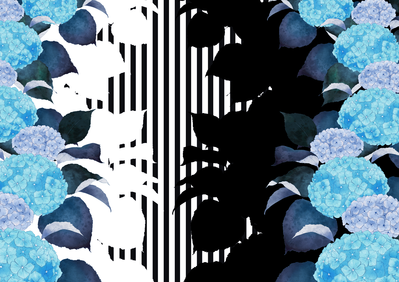 the image features a symmetrical design with blue hydrangea flowers and leaves on both sides against a background of black and white vertical stripes.