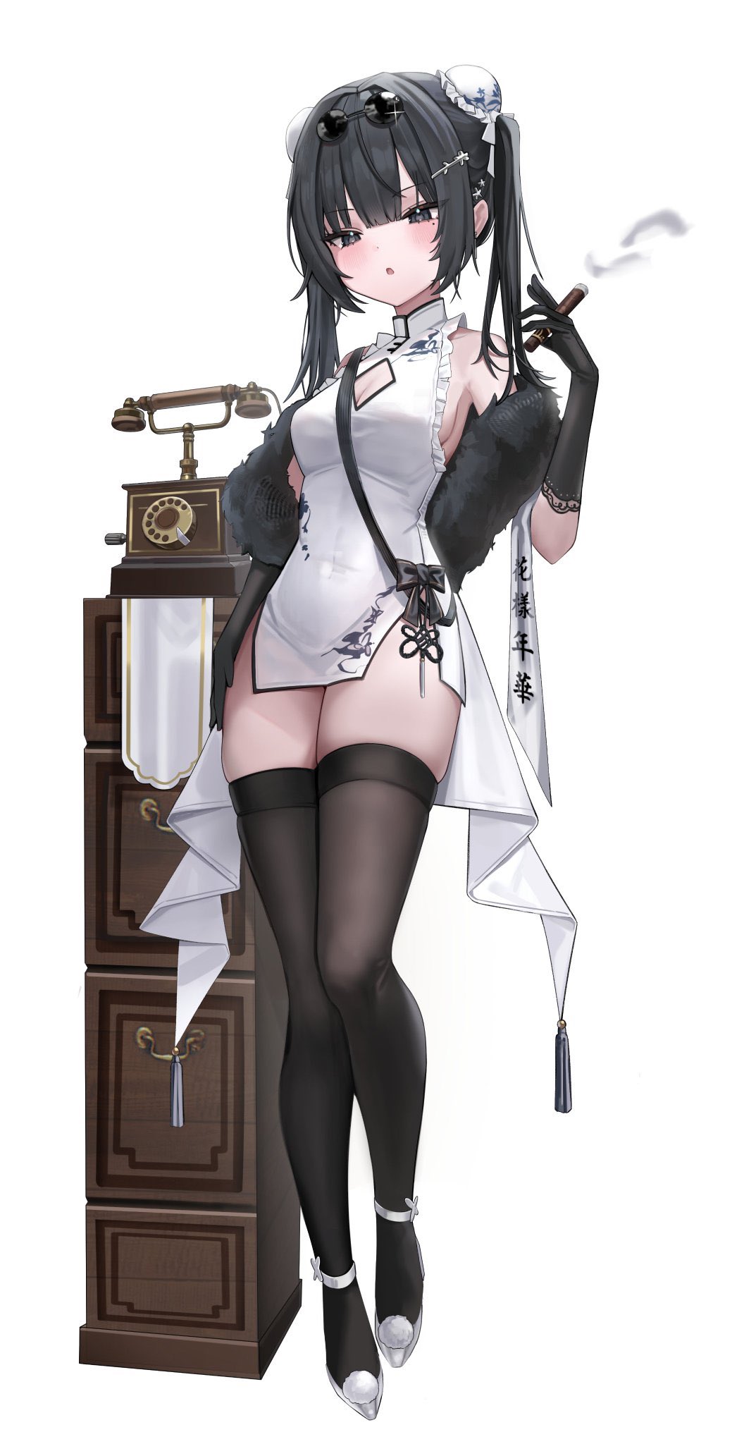 the image shows an animestyle illustration of a young woman. she has long black hair, is wearing sunglasses, a white cheongsam, black stockings, and high heels. she's holding a cigarette and leaning against a wooden cabinet with an antique telephone on top. the overall style is elegant and stylish with a hint of oldfashioned charm. the background is white.