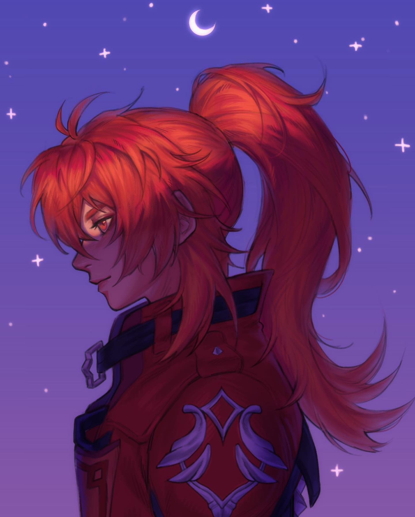 the image is a digital painting or illustration of an animestyle male character. he has long, bright red hair tied up in a high ponytail, and he's wearing a red jacket or armor with intricate silver detailing.  the character is shown in profile view, gazing off to the side with a somewhat pensive expression. the background is a twilight or nighttime sky filled with stars and a crescent moon. the overall mood is peaceful and serene. the art style is smooth and polished, with soft shading and vibrant colors.