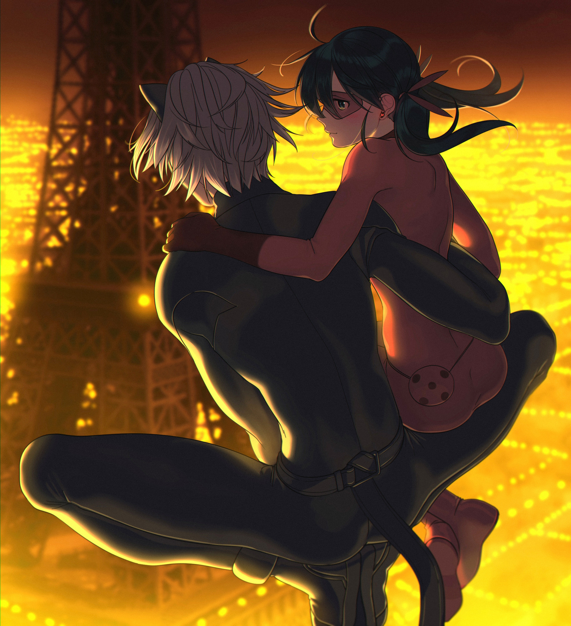 the image showcases ladybug and cat noir, the beloved characters from miraculous ladybug, against a breathtaking backdrop of the parisian skyline at night. they are positioned atop a building with the eiffel tower prominently featured in the background, glowing brightly against the dusky sky. the perspective is a dramatic low angle, emphasizing the height and their figures against the cityscape. the lighting is dramatic and moody, using warm tones to highlight the characters and cast long shadows. ladybug has a slight blush on her face as cat noir is holding her in a protective manner.