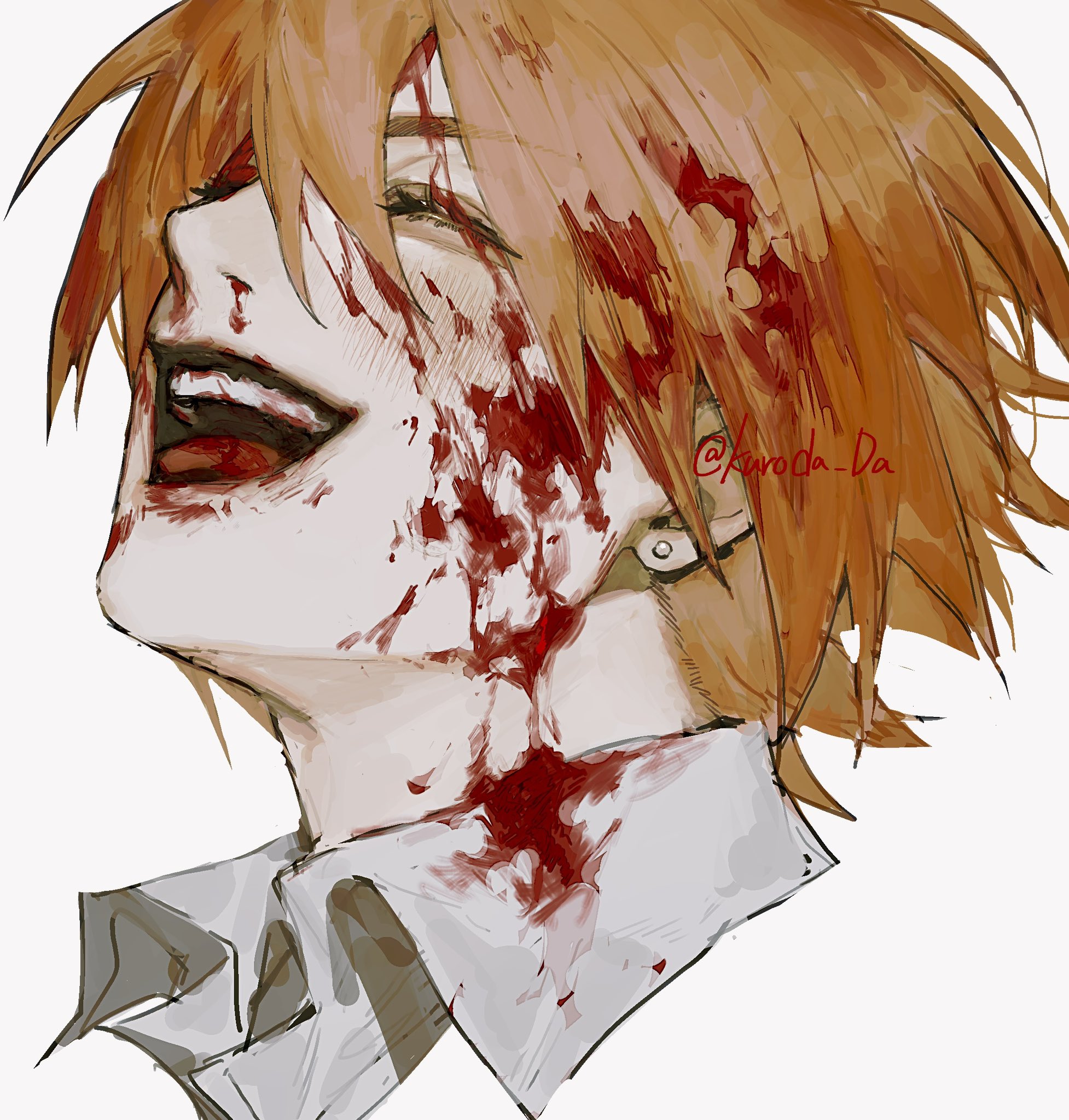 a digital illustration of an anime character with orange hair and covered in blood. he is smiling.  the image is in a bright color palette.