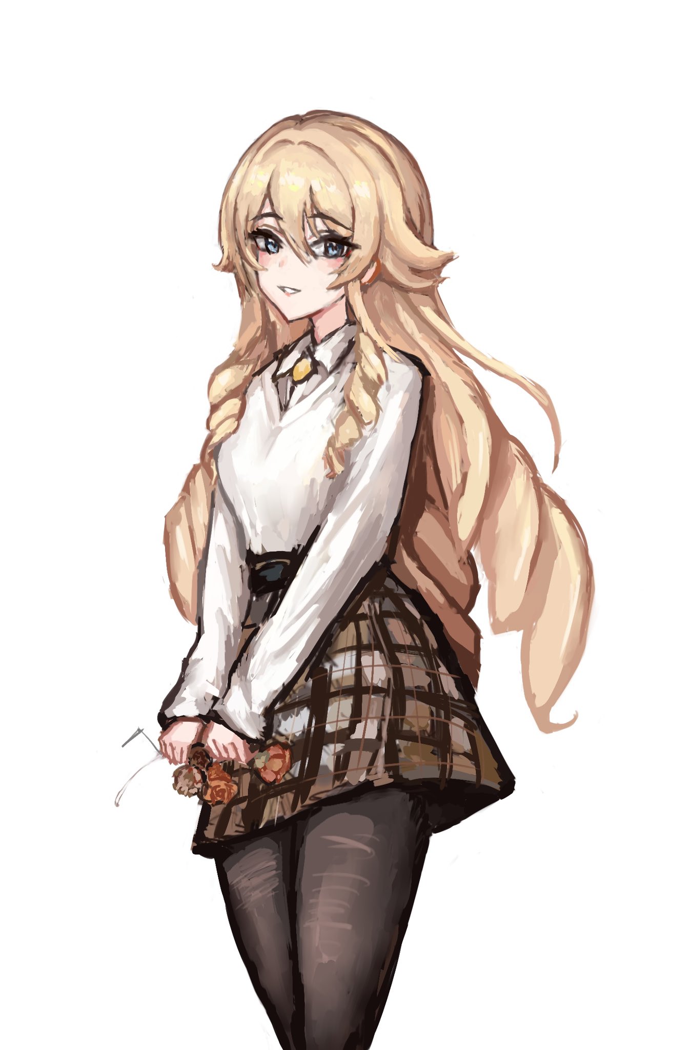 an illustration of a young anime girl with blonde hair. she is wearing a white button down shirt with a plaid skirt, black tights, and has flowers in her hands. she is smiling and looking to the side. the image is drawn in a cartoon style with digital art techniques.