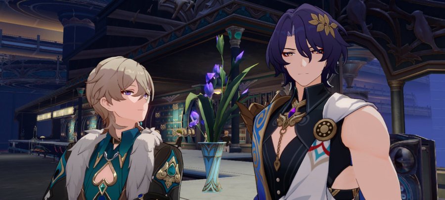 a screenshot from the video game genshin impact shows two male characters, aether and kamisato ayato, in conversation.  aether, with his blonde hair, stands to the left, dressed in a teal and darkcolored outfit with fur trim. ayato, with his purple hair adorned with a gold ornament, is on the right, wearing an elegant,  openchested outfit in shades of black and white, accented with gold and blue.  they are in a luxurious indoor setting, with a vase of purple flowers between them. the background suggests a highclass establishment or building. the overall style is animeinspired.