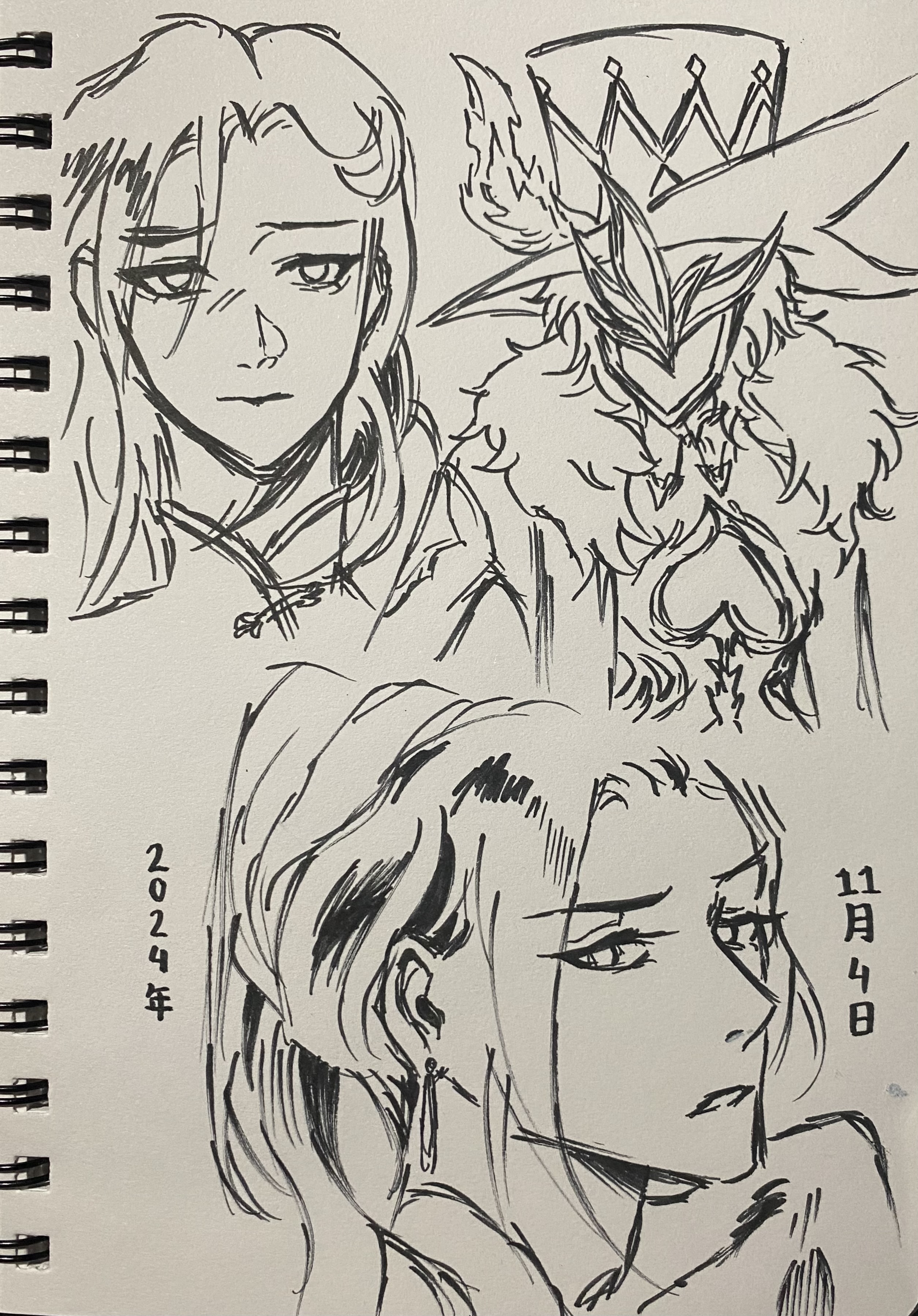 he image contains a sketchbook page with several ink sketches. the top section features a portraitstyle drawing of a young woman with long hair, appearing somewhat sad or melancholic. beside her is a more stylized figure wearing an elaborate crownlike hat, possibly a fantasy character. the bottom section showcases another female character, also drawn with long hair and a more pensive expression.  the drawings are done in black ink with varying line weights, suggesting a quick yet expressive style. the sketchbook page has a spiral binding visible on the left and dates written in a corner, indicating it was made on november 4th, 2024.