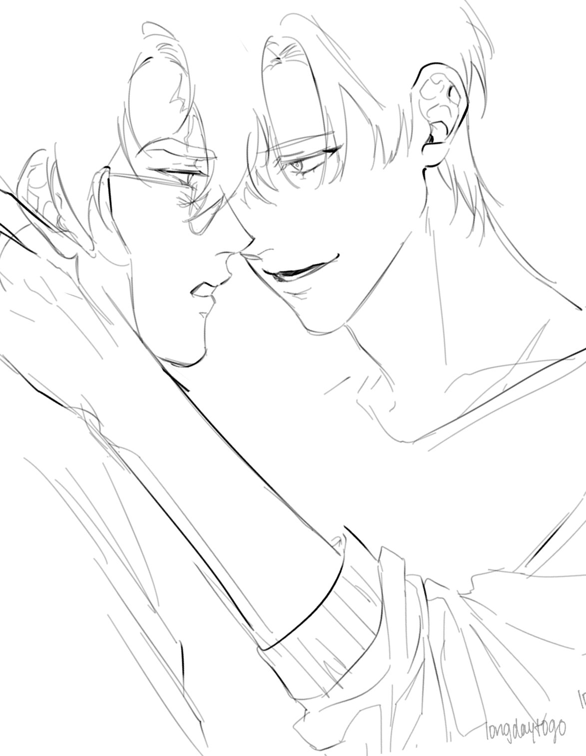 the image is a line drawing or sketch depicting two young men intimately close to each other. they appear to be embracing or in a tender moment. one has glasses, and their faces are very close, suggesting a romantic or affectionate relationship. the style is reminiscent of manga or anime art, with soft lines and a focus on emotional expression. the overall feeling is one of gentle intimacy and affection.