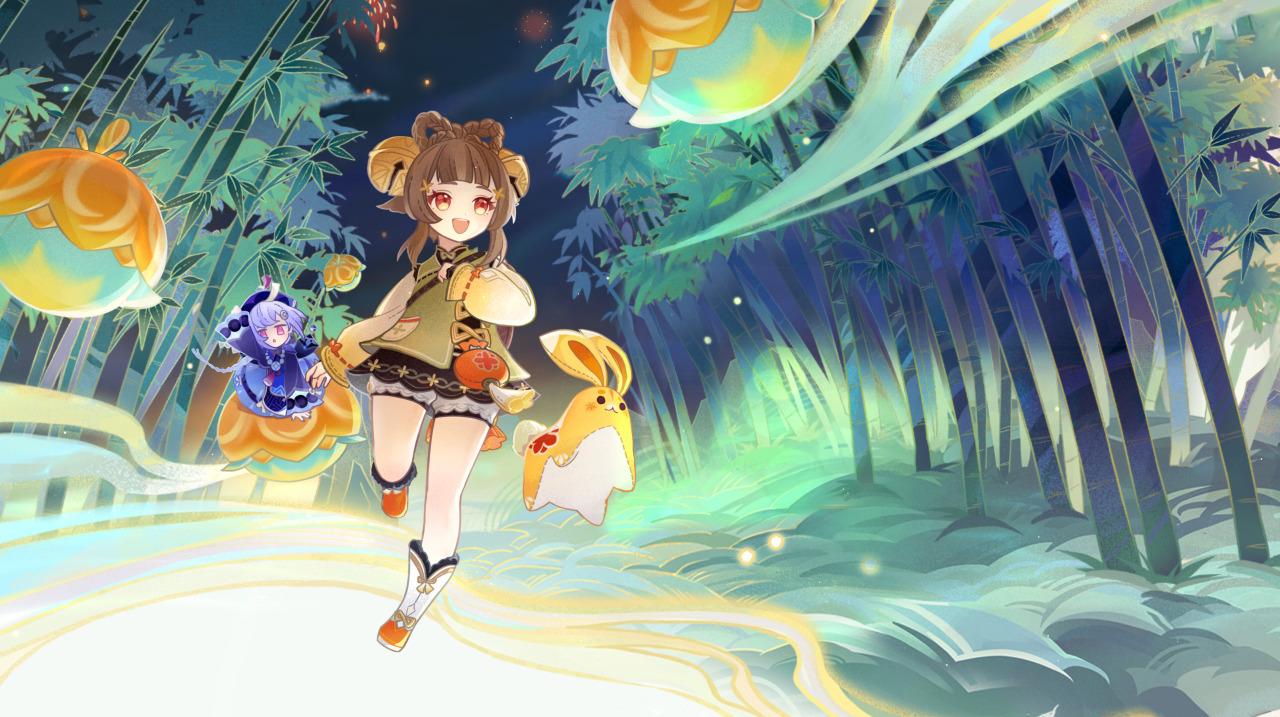 a cute anime girl wearing a green and yellow outfit runs through a magical forest. she is accompanied by a rabbit and a glowing lantern. the forest is full of bamboo trees and glowing flowers. the scene is full of color and energy, and it has a whimsical and fantastical feel.