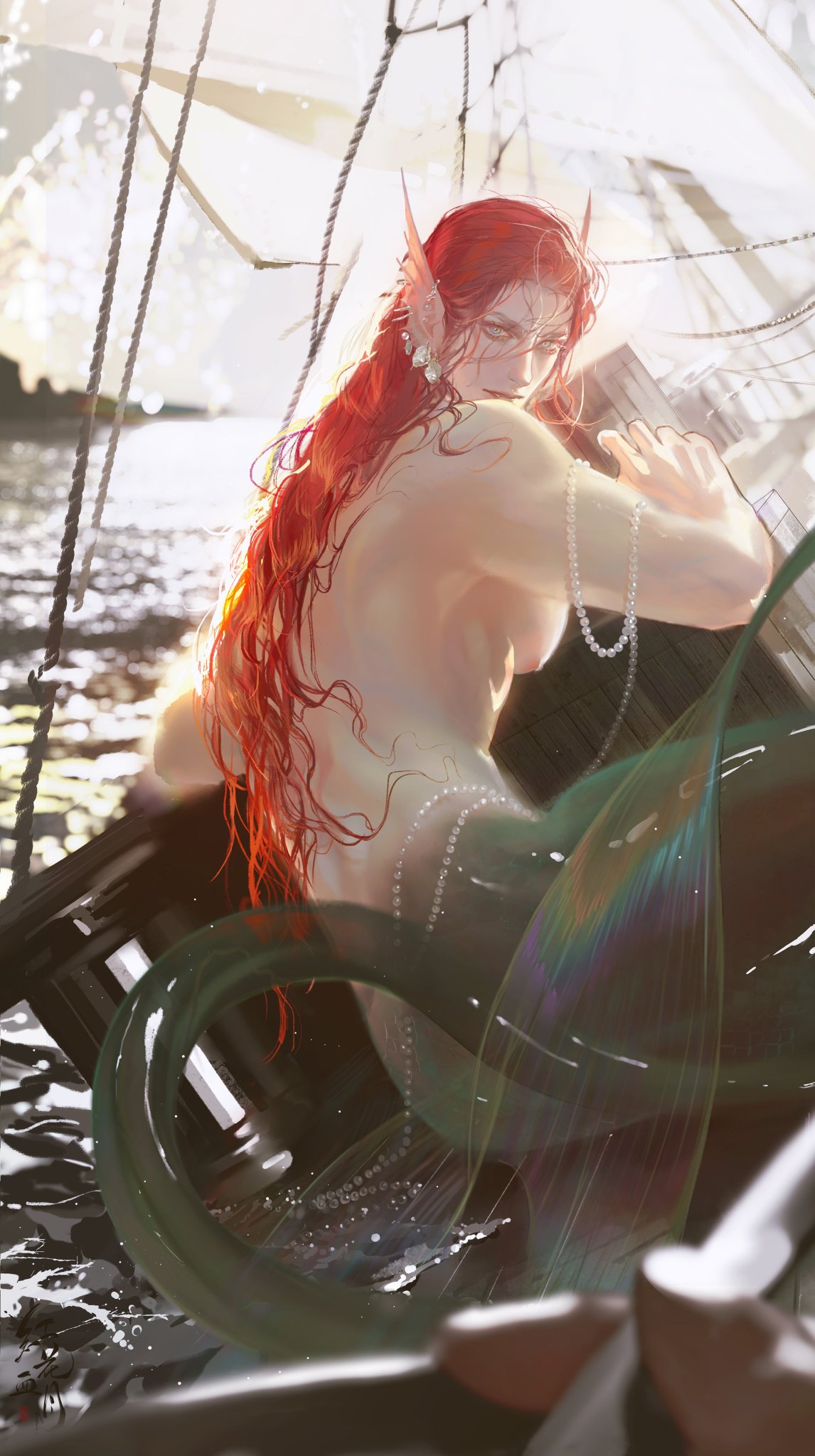 the image depicts a muscular merman with flowing red hair draped over the side of a wooden boat. his back is turned, revealing a strong physique adorned with delicate pearl necklaces. his lower half, a shimmering greenblue fishtail, drapes over the boat's edge and into the water below. the scene is bathed in soft, backlit sunlight, creating an ethereal and dreamy atmosphere.