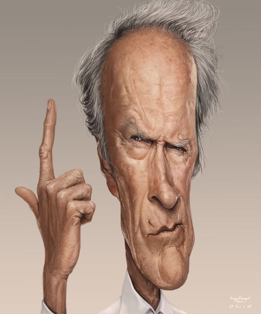 a caricature of clint eastwood is depicted with exaggerated features like a long face and prominent wrinkles. he is pointing his index finger upwards with a stern expression. his hair is gray and styled back, and he is wearing a white shirt. the background is a simple gradient.