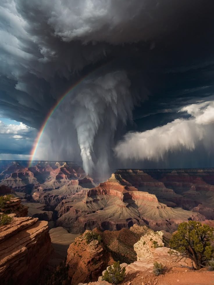 this is a landscape photo of the grand canyon during a rainstorm. a monsoon is dumping a significant amount of rain onto the canyon floor, and a vibrant rainbow arcs across the sky. the sky is filled with dark, ominous clouds. the canyon itself is visible with its layered rock formations and desert vegetation.