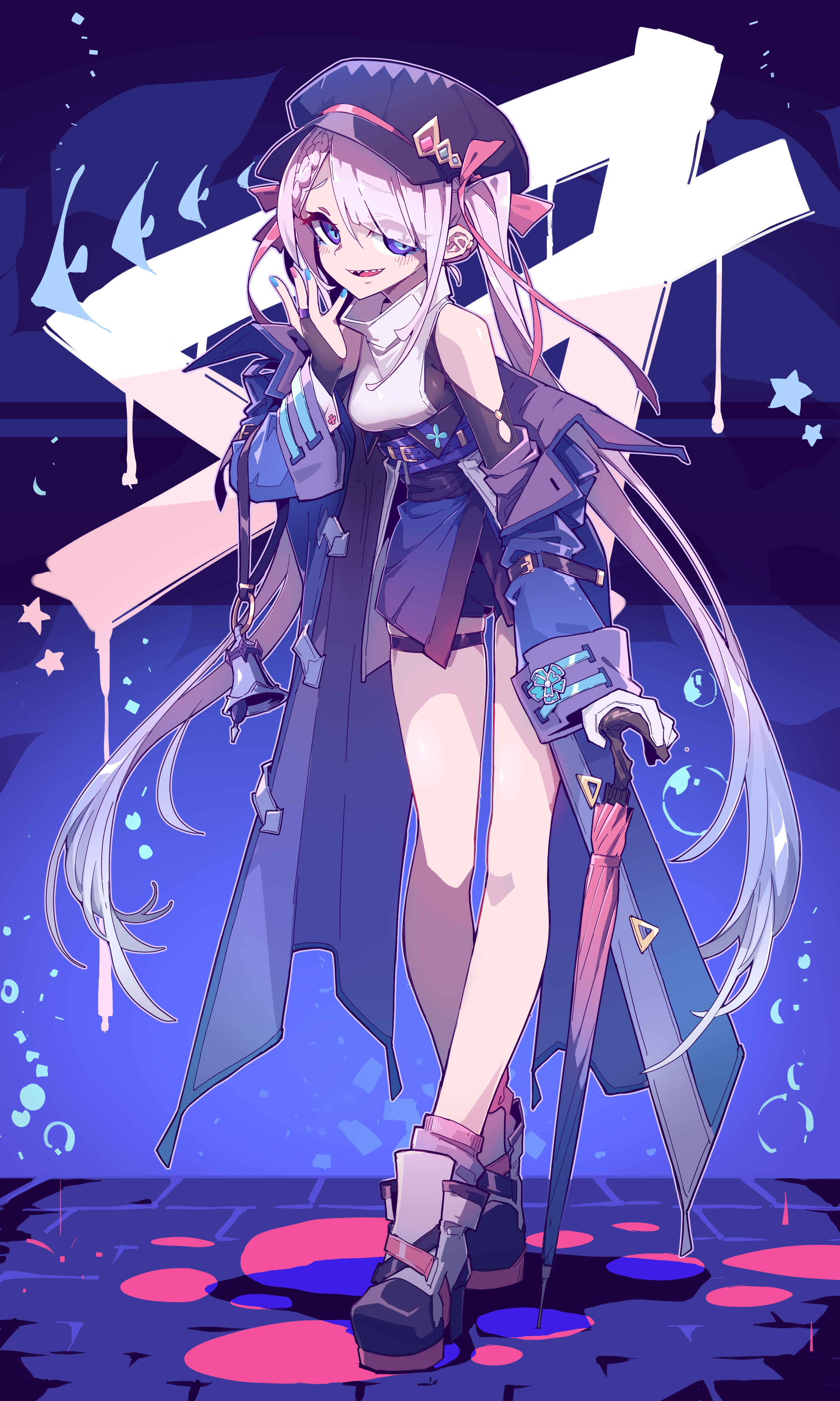 an anime girl stands confidently in a vibrant, stylized cityscape. she has long, flowing light pink hair and piercing blue eyes. her outfit includes a black hat adorned with small pink bows, a blue coat with intricate details, and dark, chunky boots with pink accents. she is holding a closed umbrella with a geometric design. the background features abstract geometric shapes in shades of blue and pink, and the floor is patterned with pink circles. the overall mood is whimsical and slightly mysterious.