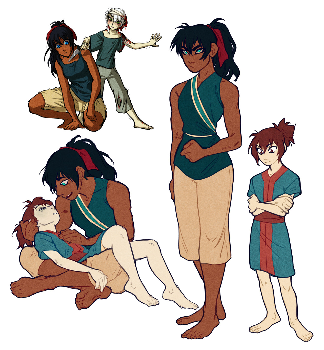 a character design sheet featuring a woman with brown skin, long black hair, and green eyes. she is shown in four different poses, two of which include a young girl with brown hair and eyes, and one that includes a zombified person. she is dressed in various outfits that consist of beige and teal fabric.