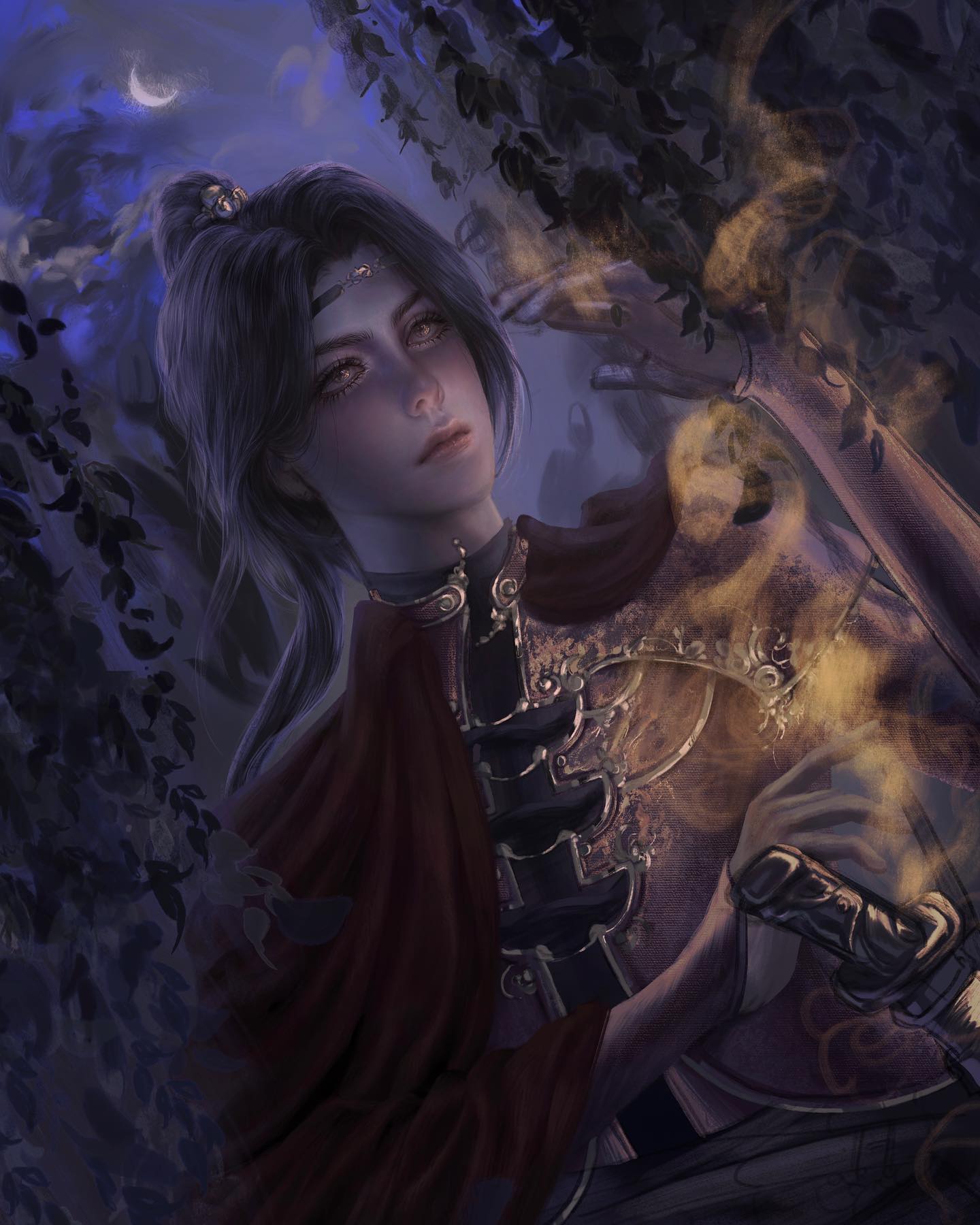 a woman in a richly embroidered cloak stands under a crescent moon with her arm raised, as if casting a spell. the surrounding forest is shrouded in darkness, creating a mysterious and magical atmosphere. her expression is unreadable, adding to the sense of mystery and intrigue.