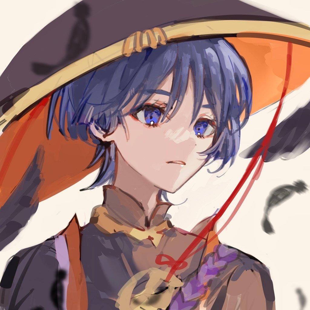 a colorful anime illustration of a girl with blue hair, wearing a large hat with orange, red, and black accents. she is looking off to the side,  and holding a bouquet of purple flowers.