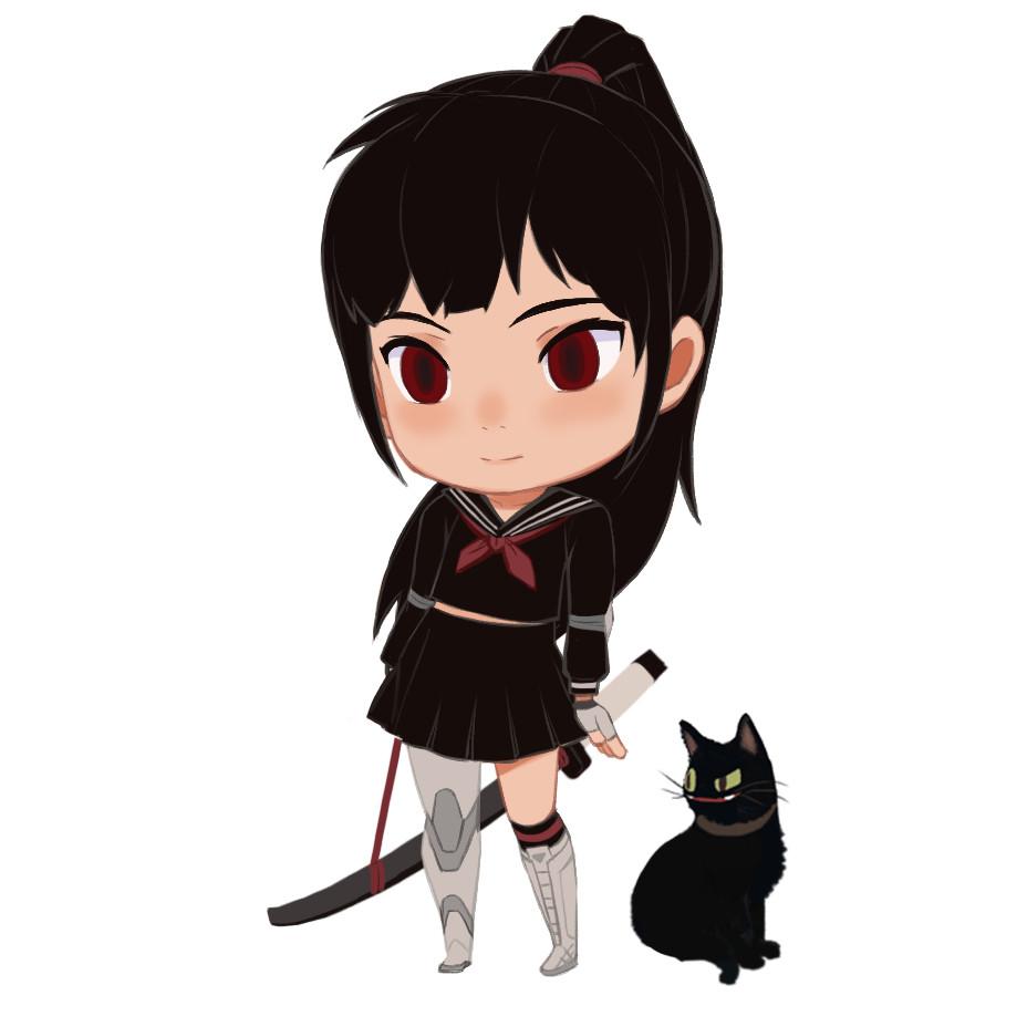 the image features a chibistyle anime girl with a black bob haircut and red eyes. she's dressed in a black and red school uniform with a white sailor collar.  she's carrying a katana sword on her back and has a robotic leg. a black cat with green eyes is sitting next to her.