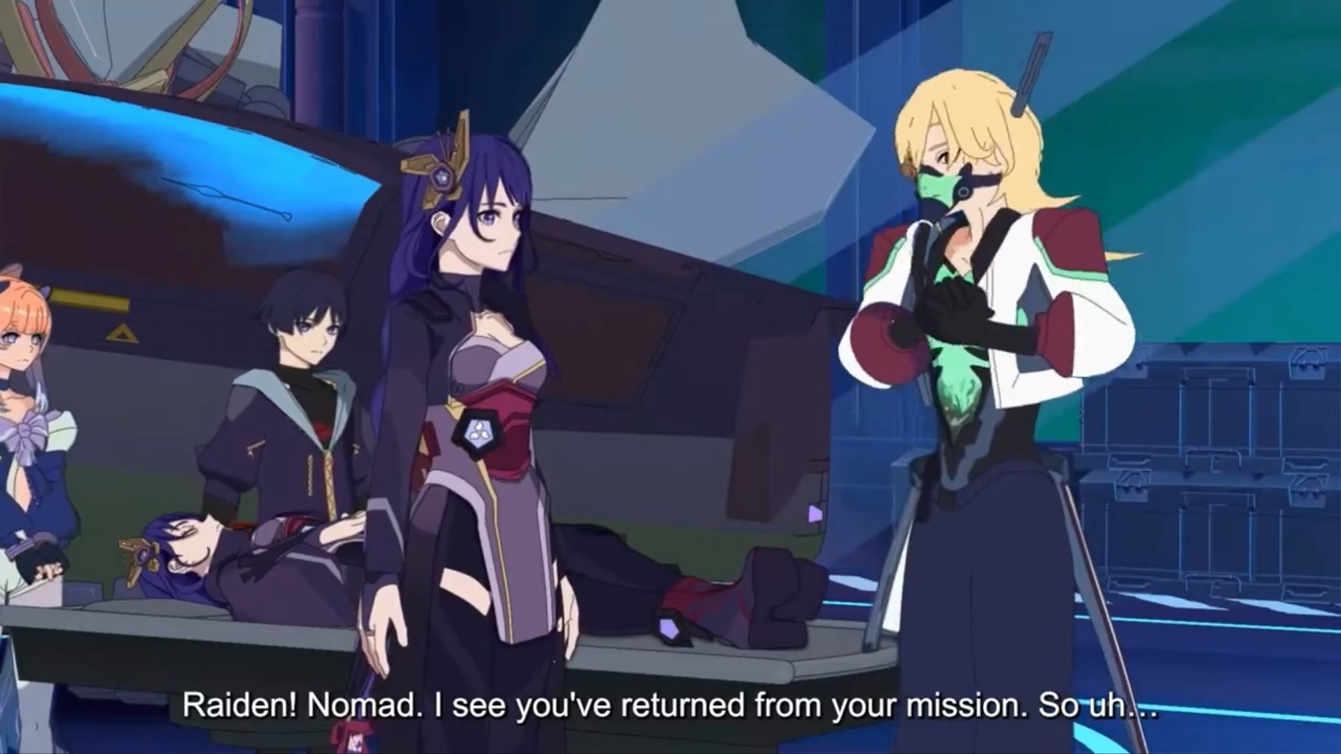 the image shows a group of four anime characters in a futuristic setting. there are two females and two males. they are talking to each other. there is a lot of futuristic technology in the background. it looks like the characters are in a spaceship.