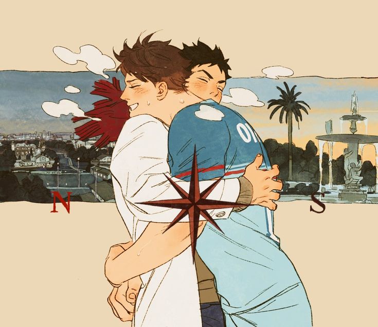 the image is a digital drawing or painting in an anime/manga style.  it depicts two young men in a tender embrace. the man on the outside is wearing a white longsleeved jacket, and the man being held is wearing a light blue jersey with the number "0" partially visible. they appear happy and affectionate. the background features a sunset over a city, showing buildings, a park with a fountain and palm trees. a compass rose is superimposed in the center of the foreground. the overall mood is romantic and evocative of a journey or adventure. the artistic style is soft and slightly muted in its color palette.