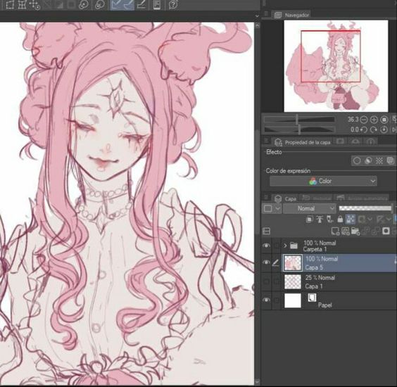 he image shows a screenshot of a digital drawing in progress. the artwork features a girl with long, flowing pink hair, styled with two buns on top. she's wearing a delicate, frilly dress, also in shades of pink. the drawing style leans towards anime and has a soft, ethereal quality. the screenshot captures the artist's workspace within a digital art program, showcasing layers, tools, and color palettes used in the creation process.  the overall aesthetic is feminine and dreamlike.