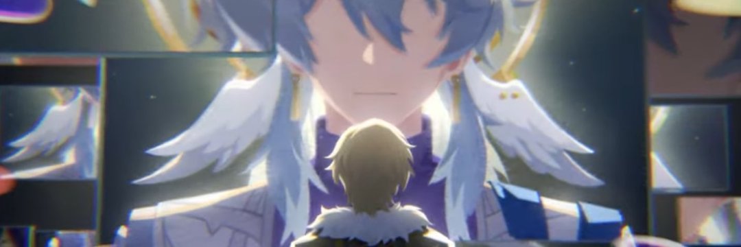 an animestyle image of a male character with blue hair and white wings, he is standing in a large room with many windows. he is looking down at a smaller male character with blonde hair, who is looking up at him. the larger character has a serious expression on his face, and the smaller character has a look of awe. the image is set against a backdrop of a starry night sky. the character is venti, the god of freedom from the game genshin impact.