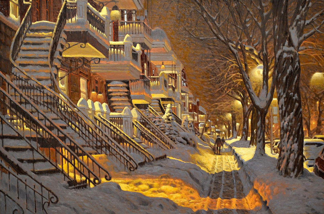 the painting depicts a snowcovered street lined with brownstone houses, bathed in the warm glow of streetlights and illuminated windows. two figures stroll down the sidewalk as evening descends, casting long shadows across the snow. the overall atmosphere is one of tranquility and warmth, characteristic of a classic winter cityscape.