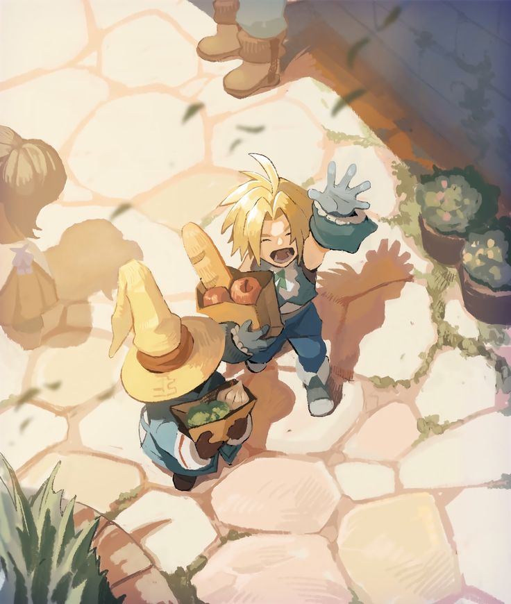 this digital artwork depicts vivi ornitier and zidane tribal from final fantasy ix, as they traverse a cobblestone path. zidane, with his blonde hair, waves cheerfully while holding a basket containing a baguette and apples. vivi, adorned with his signature pointed hat, carries a basket filled with vegetables. the scene is viewed from an aerial perspective, capturing the market setting with potted flowers, other characters, and a charmingly whimsical feel.