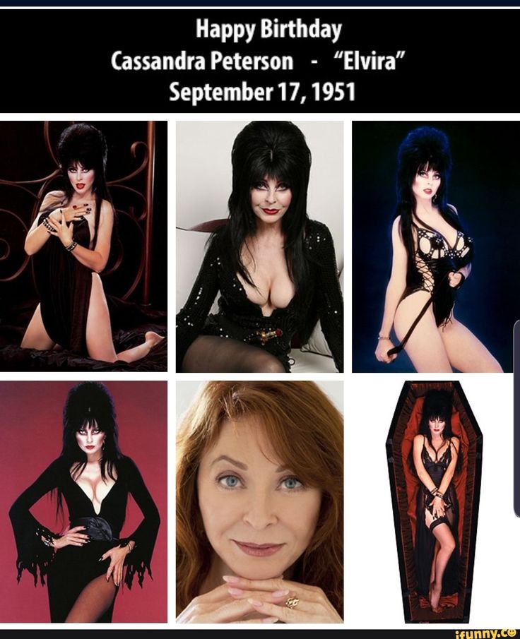 a collage of images of cassandra peterson as her character elvira, mistress of the dark. there are four different images with the same character but dressed in different outfits. the top left image shows elvira posing while lying on her side. the top middle image shows elvira posing in a studio while holding a microphone in her hands. the top right image shows elvira in a  red and black lingerie outfit. the bottom left image shows elvira posing with a scary expression on her face. the bottom middle image shows cassandra peterson without any makeup. the bottom right image shows elvira posing in a black and red lingerie outfit in a coffin. the collage includes the text “happy birthday cassandra peterson  "elvira" september 17, 1951”.