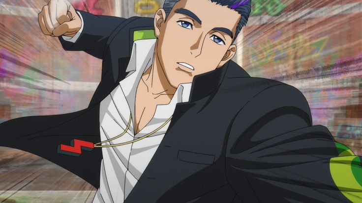 this is an illustration of a young anime male character. the man is wearing a black suit jacket with a white buttondown shirt underneath. he is also wearing a gold necklace with a red and green pendant. the man has dark blue eyes and purple and blue hair. he is making a punching motion with his right fist, with a serious expression on his face. he is set against a background of blurry graffiti.