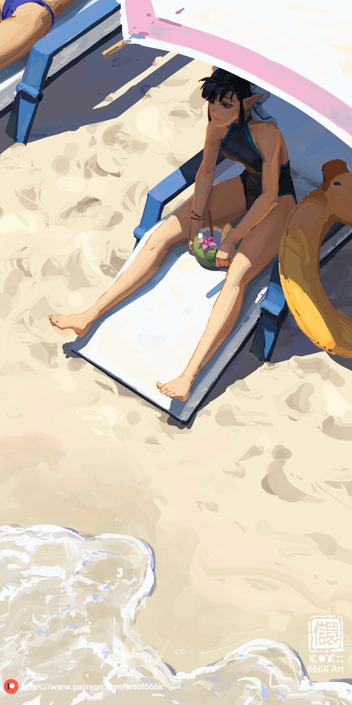 a digital painting of a young elflike woman relaxing on a beach chair under a pink umbrella. she is holding a tropical drink and appears to be enjoying the sun and ocean view. the style is vibrant and cartoonish, with a focus on bright colors and smooth lines.  the scene is peaceful and suggests a sense of summer vacation and relaxation.  another person is partially visible lying on a similar beach chair in the upper left of the frame.  the sand and gentle waves are depicted in detail.