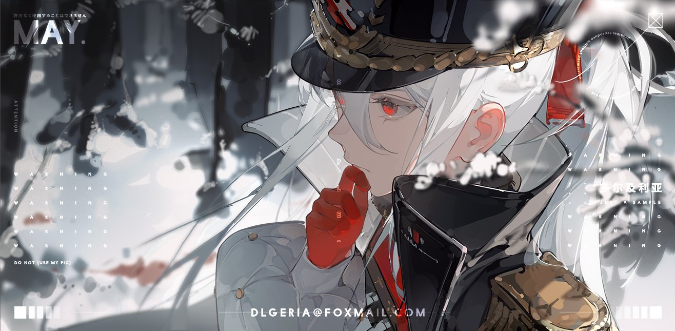 the image is a digital drawing of an anime girl with long white hair and striking red eyes. she is dressed in a stylized military uniform, complete with a black and white cap, red gloves, and a black and gold jacket. the background suggests a snowy forest, rendered in shades of gray and white.  the lighting is soft, creating a contemplative and somewhat melancholic atmosphere. the perspective is a closeup, focusing on the girl's side profile as she thoughtfully touches her chin with her gloved hand. her expression is serious and focused.