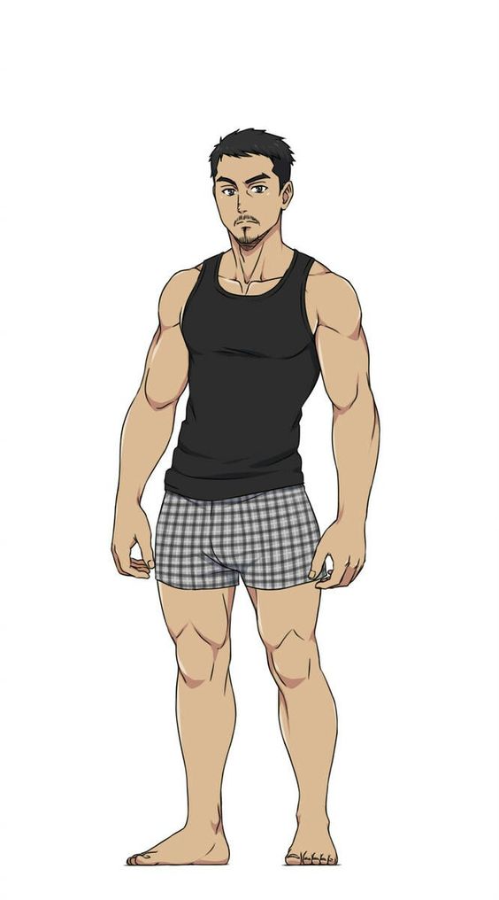 a cartoon drawing of an adult man standing with a neutral expression. he has short, dark hair and a goatee. he is wearing a black tank top and checkered boxer shorts.