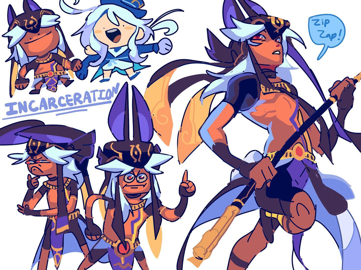 the image is a collection of digital drawings, possibly fanart, featuring a main character and several variations of him, along with a smaller, distinct character. the style is cartoonish and animeinfluenced, with vibrant colors and dynamic poses. the main character is designed with egyptianinspired attire and features, including a headpiece reminiscent of an anubis mask.  variations of the character show different expressions and stances, from angry to silly. one variation holds a staff, and a speech bubble above him says “zip zap!”. another smaller character, possibly female, is depicted in a different style.  the word "incarceration" is written across the top. the overall feel is whimsical and energetic. the art appears to be a sketch or doodle, with loose lines and visible brush strokes.