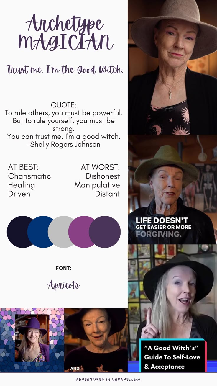 the image is a collage or infographic about the "magician" archetype, specifically related to a "good witch" concept. it features various photos of a woman, seemingly the person being discussed in the graphic. the graphic outlines the qualities associated with this archetype, both at its best (charismatic, healing, driven) and at its worst (dishonest, manipulative, distant). there's also a quote attributed to "shelly rogers johnson" that encapsulates the philosophy of the archetype. the image includes a color palette, font information, and references to a guide on selflove and acceptance, suggesting a personal development or selfhelp theme.