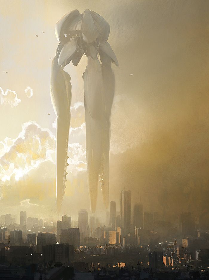the image depicts a futuristic cityscape with a large, alienlooking structure looming over the buildings. the structure has a metallic appearance with elongated, podlike shapes. the sky is filled with fog or haze, and the sunlight casts a dramatic light on the scene. the overall atmosphere is dystopian and science fiction, evoking a sense of unease and wonder.