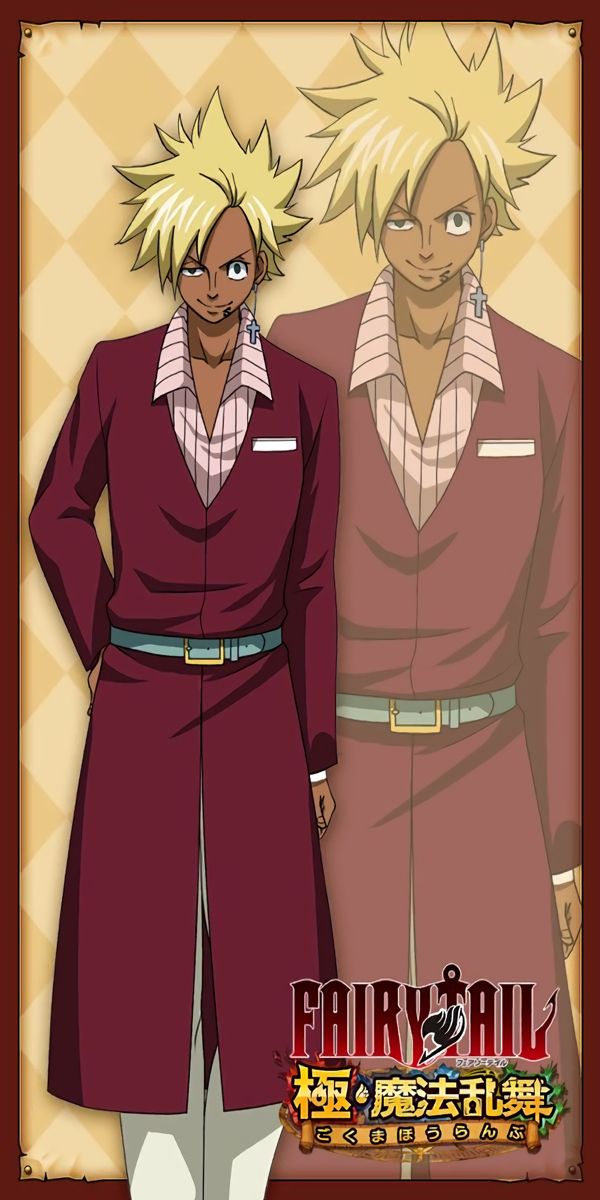 the image is a poster for the anime series fairy tail zero. the poster features a male character from the show, with long blonde hair and brown eyes. the character is wearing a red suit and white pants, a gold cross and earrings. he is standing and looking at the viewer, smiling. the poster is set against a background of a graphic illustration of a fantasy world with a japanese writing for the title.