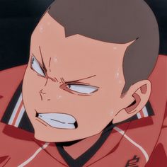 the image shows a closeup illustration of a young man with a shaved head. he appears to be angry or determined, with his face contorted in a grimace and sweat dripping from his brow. he is wearing a red and white sports uniform, suggesting he might be an athlete. the style of the drawing leans towards anime or manga.