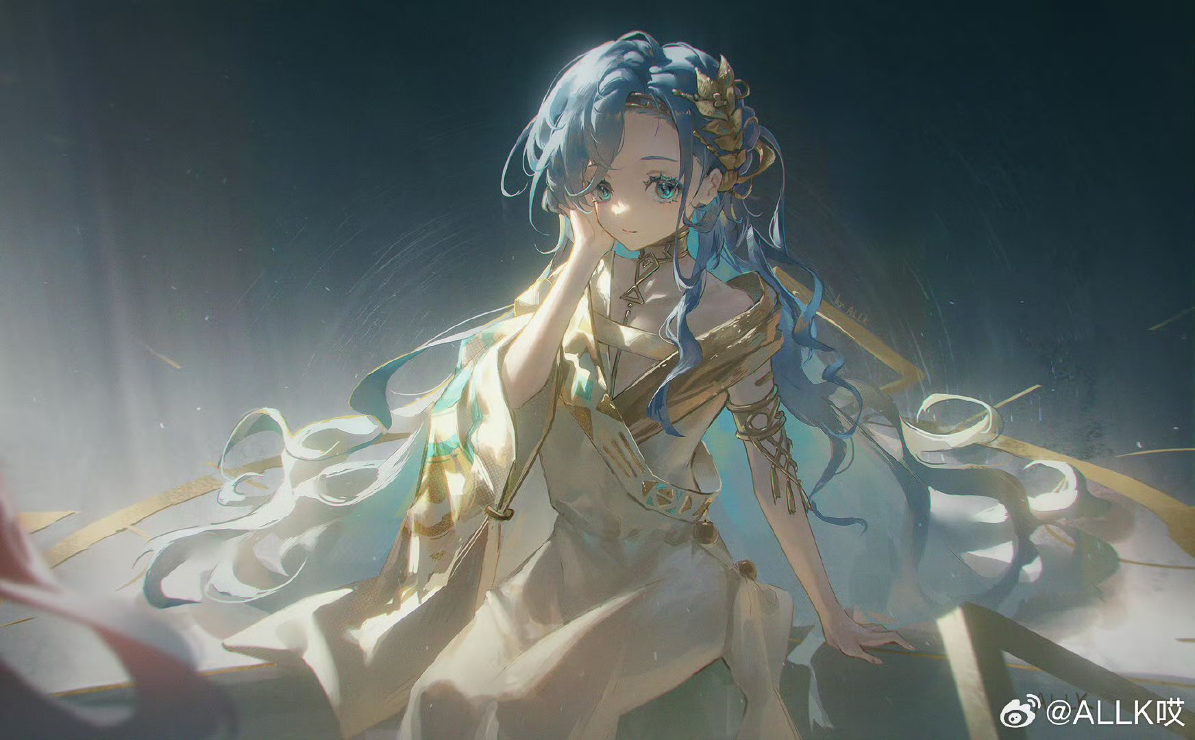 the image is a digital painting or illustration of an animestyle female character. she possesses long, flowing blue hair styled with a golden hair accessory. she is adorned in an elegant, flowing white and gold dress reminiscent of ancient grecian or roman attire.  her expression is calm and serene. the background is a muted bluegray, creating a mystical and ethereal atmosphere. the overall style is highly artistic, with a focus on soft lighting and flowing lines that give the image a dreamy, almost otherworldly quality.  the artist's signature, "@allk哎," is visible in the bottom right corner.