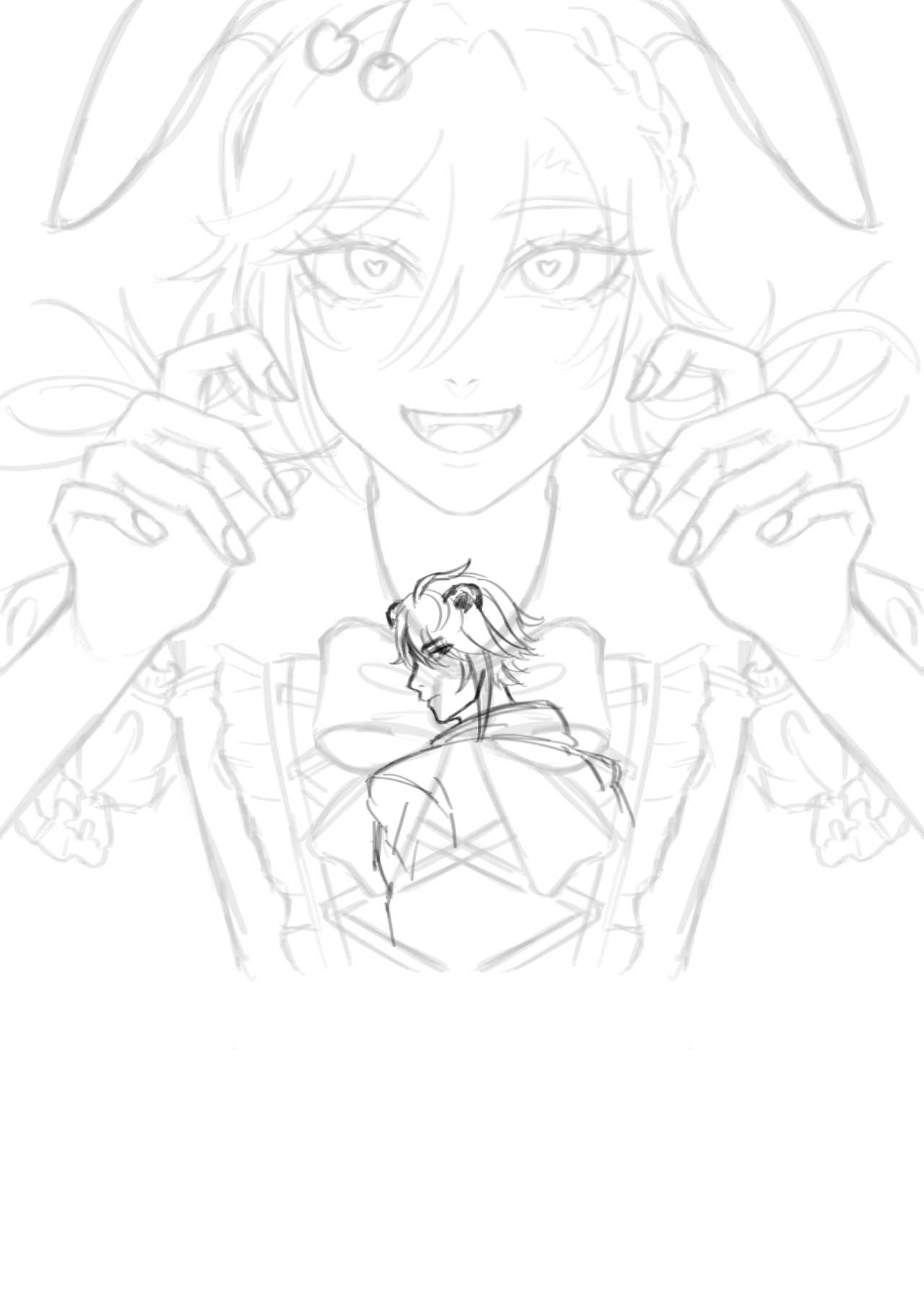 the image is a detailed black and white sketch in an anime or manga style. it features a girl with bunny ears, heartshaped eyes, and a playful expression, positioning her hands near her face. in front of her, a boy is depicted from a back view, with a head turned to the side. the overall composition appears to be a character design or a portrait highlighting the contrast between the two figures.