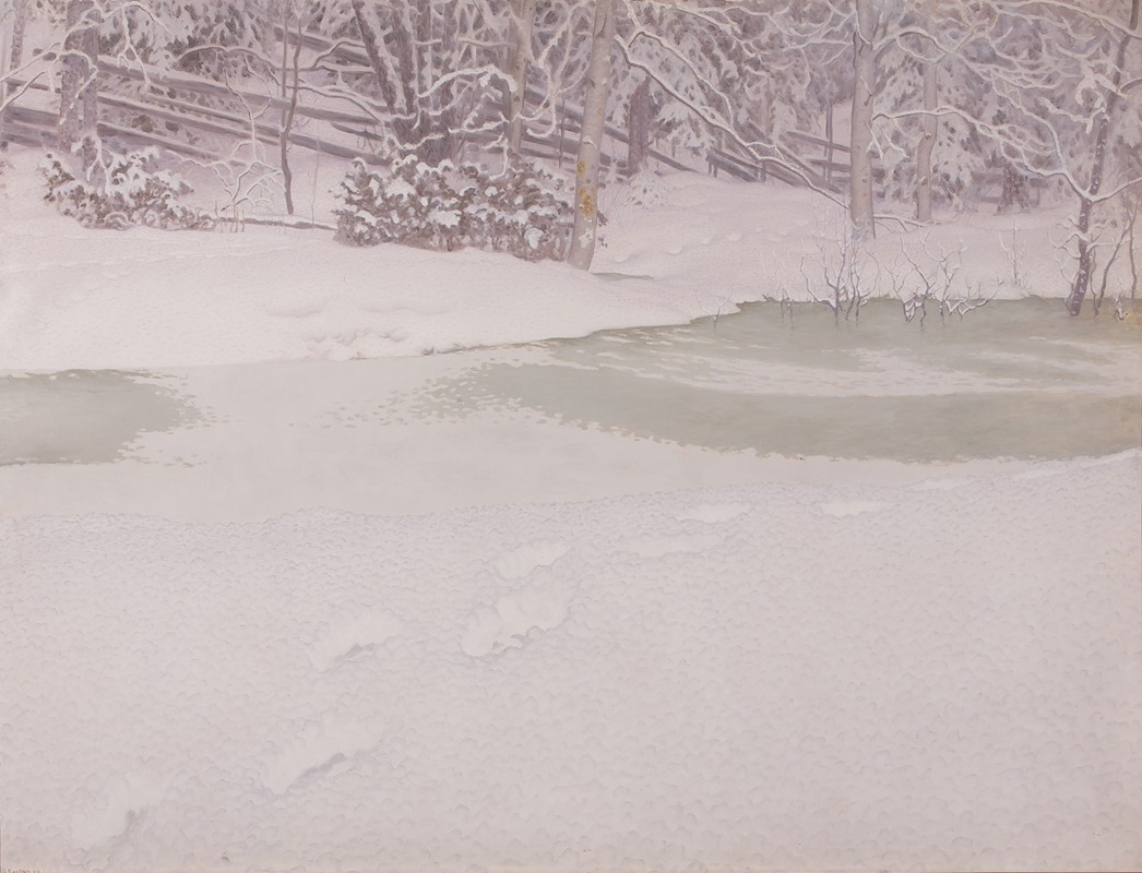 a serene winter landscape featuring a snowcovered field with a partially frozen pond. footprints are visible in the snow. in the background, there are snowladen trees and a fence running along a slight slope. the scene is bathed in a soft, diffused light, creating a peaceful and tranquil atmosphere.