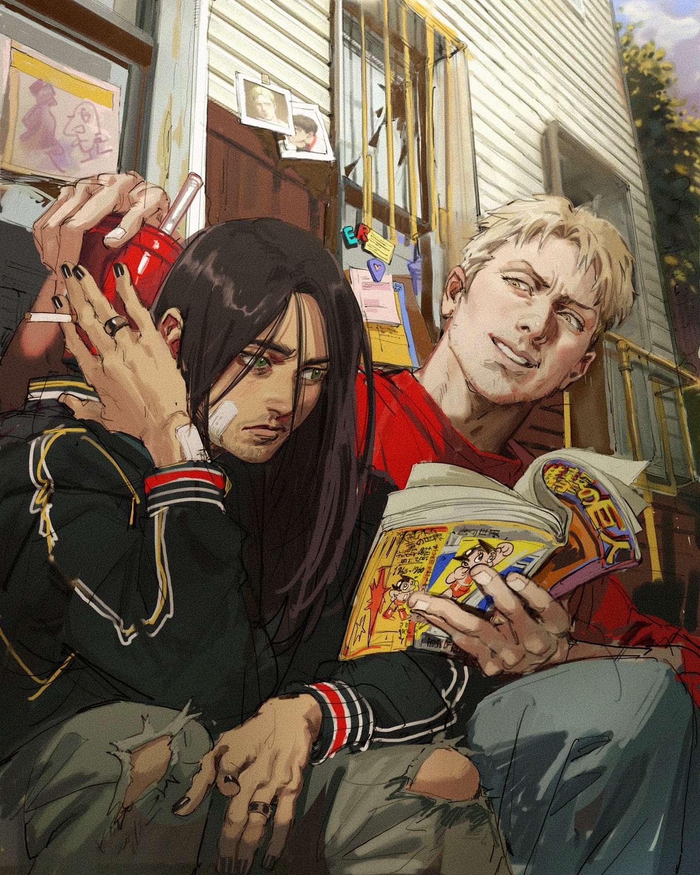 a digital painting in anime style depicts two boys sitting close together. one boy, with long dark hair and a black jacket with red stripes, holds a red cup.  the other boy has shorter, light blond hair and is wearing a red jacket. he holds a comic book. they sit against the exterior of a building, which is partially visible in the background. the style is casual, and the overall mood is relaxed and friendly.