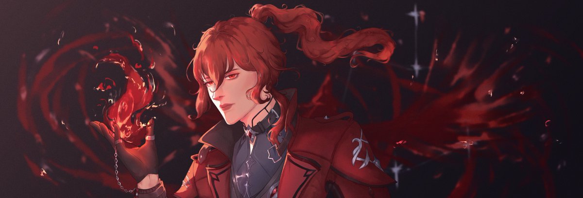 this is a digital illustration of an anime male character in a red outfit. he has red hair and is holding a glowing orb of fire in his hand. the background is dark and blurred, with red and black swirling patterns. the character appears to be a fantasy mage, perhaps from a video game like genshin impact, or a dark fantasy series.