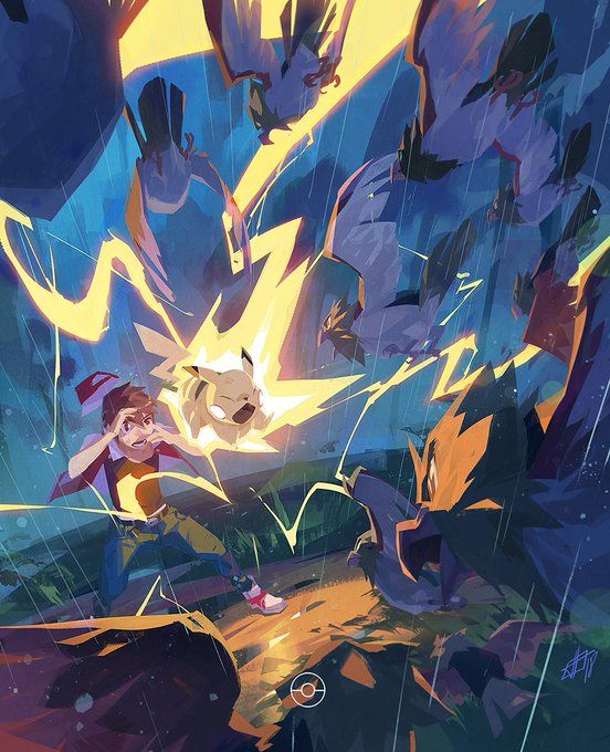 the image showcases a dramatic pokemon battle scene set against a stormy backdrop. ash ketchum, a renowned pokemon trainer, is in the midst of a fierce confrontation, with his iconic pikachu unleashing a powerful electric attack. several other pokemon, including pidgeot and arcanine, are also engaged in the battle. the environment is characterized by a dense forest shrouded in torrential rain and illuminated by electrifying lightning strikes. the low angle perspective amplifies the intensity and dynamism of the ongoing struggle, while the high contrast lighting enhances the overall dramatic effect.